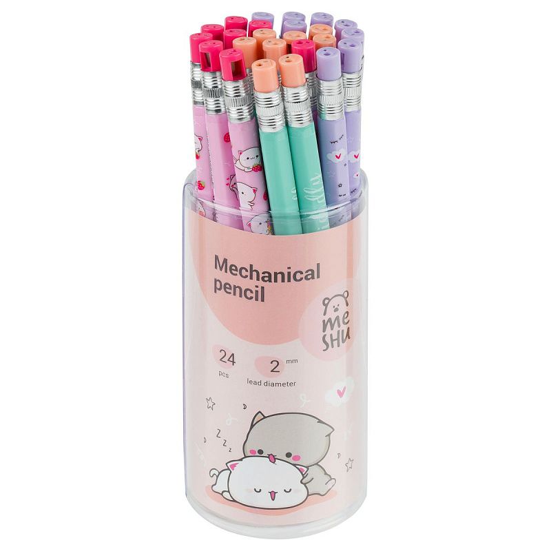 Карандаш механический MESHU "Kittens", печать на корпусе, 2,0мм, софт-тач, ассорти, с точилкой для грифеля 