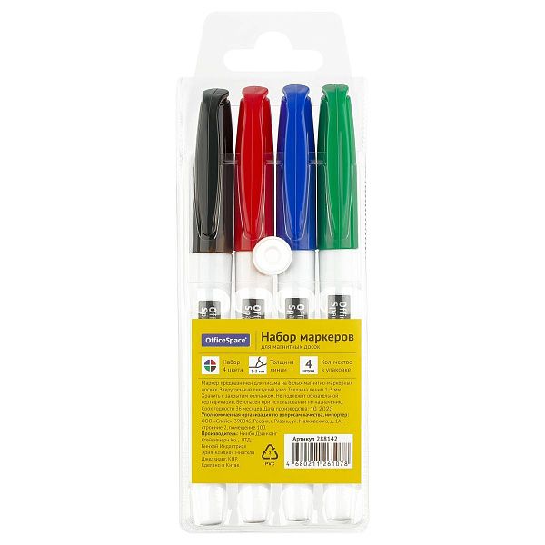 Набор маркеров для белых досок OfficeSpace 04цв., пулевидный, 3мм, чехол с европодвесом