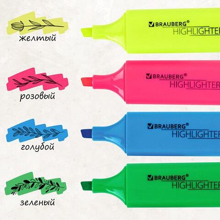 Набор текстовыделителей 4 ЦВЕТА, BRAUBERG "ORIGINAL NEON", линия письма 1-5 мм, 152215 