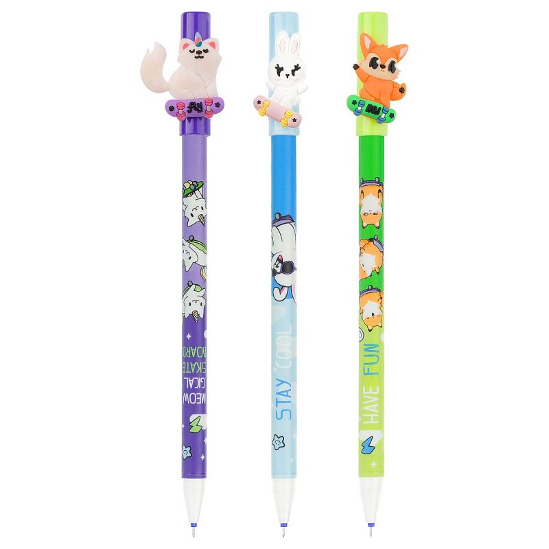 Ручка гелевая стираемая MESHU "Skate party" синяя, 0,5мм, корпус ассорти, с топпером 