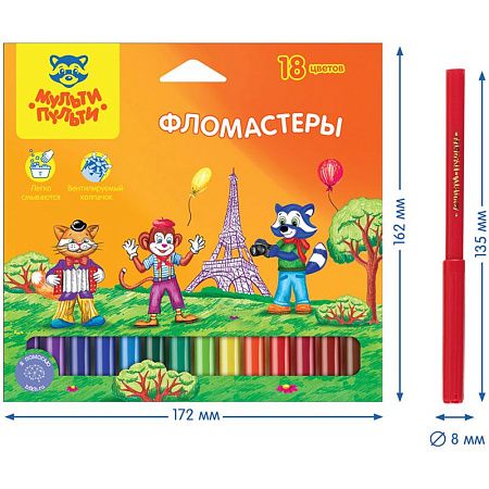 Фломастеры Мульти-Пульти "Енот во Франции", 18цв., смываемые, картон, европодвес