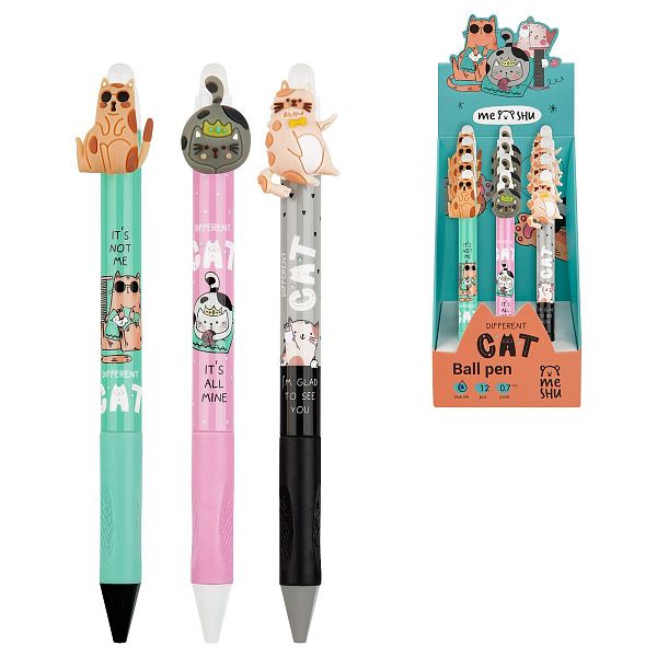 Ручка шариковая автоматическая MESHU "Сat Day" синяя, 0,7мм, грип, корпус ассорти