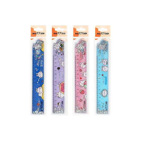Линейка 15см MESHU "Bubble bunny" ПВХ с блестками, ассорти, европодвес 