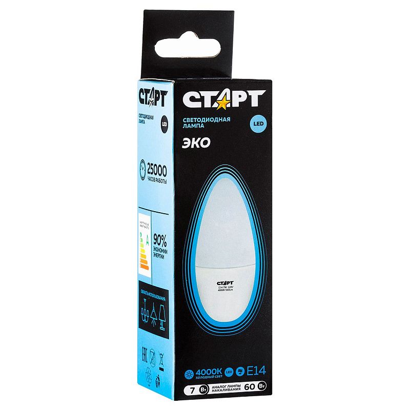 Лампа светодиодная Старт LED, серия "WS" 7W40, тип С "свеча", E14, 4000К, нейтральный свет, 25000ч
