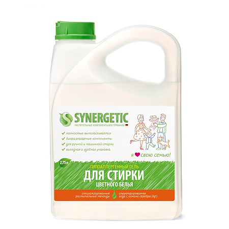 Гель для стирки Synergetic, для цветного белья, канистра, 2,75л 