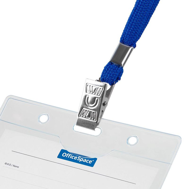 Бейдж горизонтальный OfficeSpace, 100*75мм (размер вставки 85*55мм), с клипсой на синем шнурке