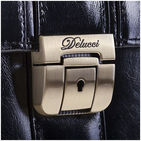 Портфель Delucci "Гиперион", кожа, черный, 2 отделения, метал. замок, с ремнем 