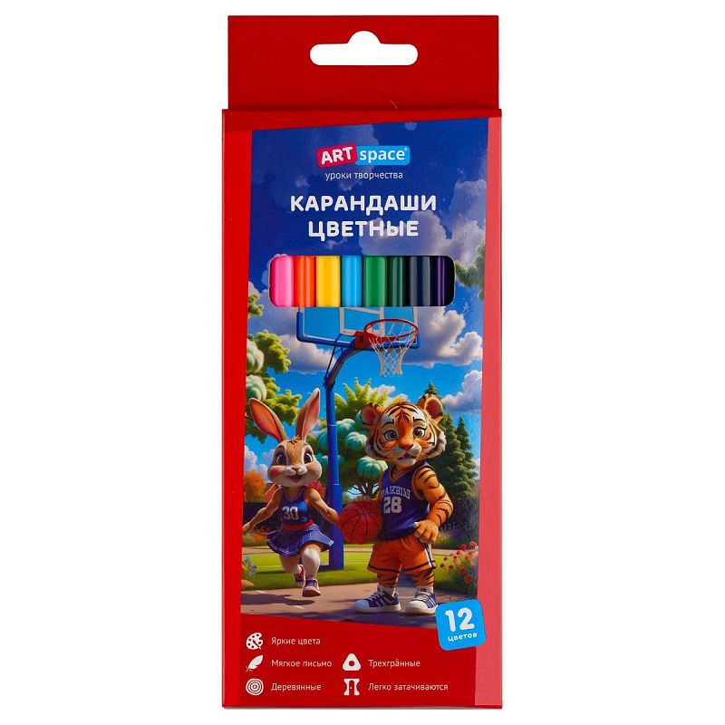 Карандаши цветные ArtSpace "School mood", 12цв., трехгранные, заточен., картон. упак., европодвес
