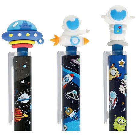 Ручка шариковая автоматическая MESHU "Space Aliens" синяя, 0,5мм, грип, корпус ассорти, с топпером 