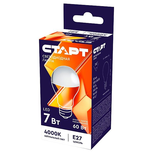 Лампа светодиодная Старт LED, серия "WS" 7W40, тип А "груша", E27, 4000К, нейтральный свет, 25000ч