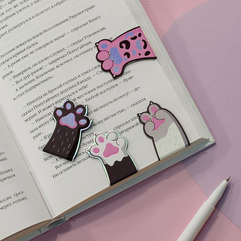 Закладки магнитные для книг, 4шт., MESHU "Paws", соф-тач, голографическая фольга 