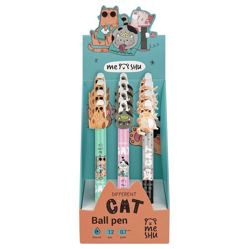 Ручка шариковая автоматическая MESHU "Сat Day" синяя, 0,7мм, грип, корпус ассорти 