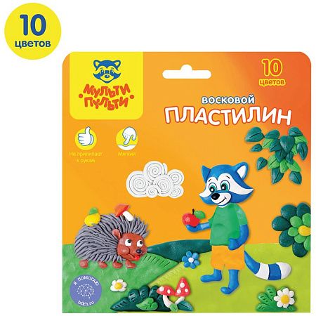Пластилин Мульти-Пульти "Енот в лесу", 10 цветов, 150г, восковой, со стеком, картон, европодвес