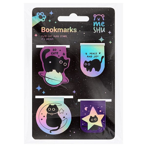Закладки магнитные для книг, 4шт., MESHU "Кошачья вселенная", голографическая фольга