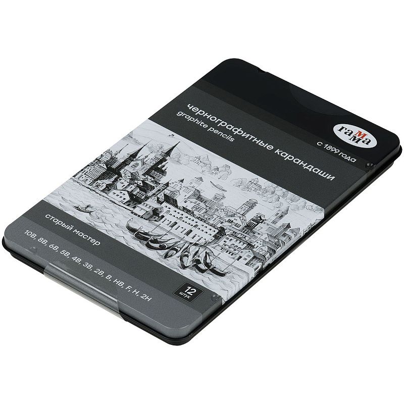 Набор карандашей ч/г Гамма 12шт., 10B-2H, кедр, метал. пенал 