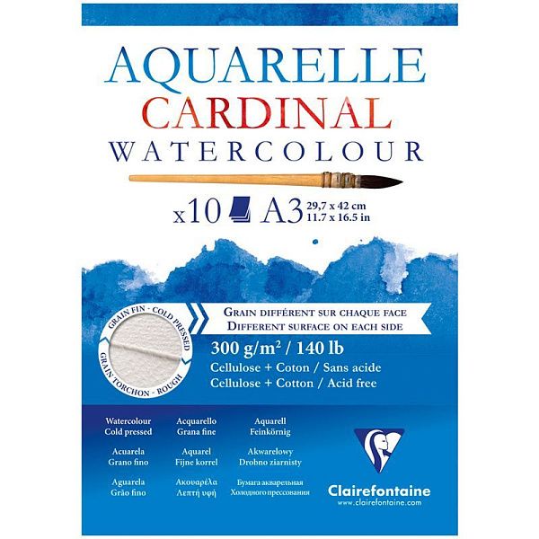 Альбом для акварели, 10л., А3, на склейке Clairefontaine "Cardinal", 300г/м2, торшон, холод. пресс., 30% хлопок Альбом для акварели, 10л., А3, на склейке Clairefontaine "Cardinal", 300г/м2, торшон, холод. пресс., 30% хлопок