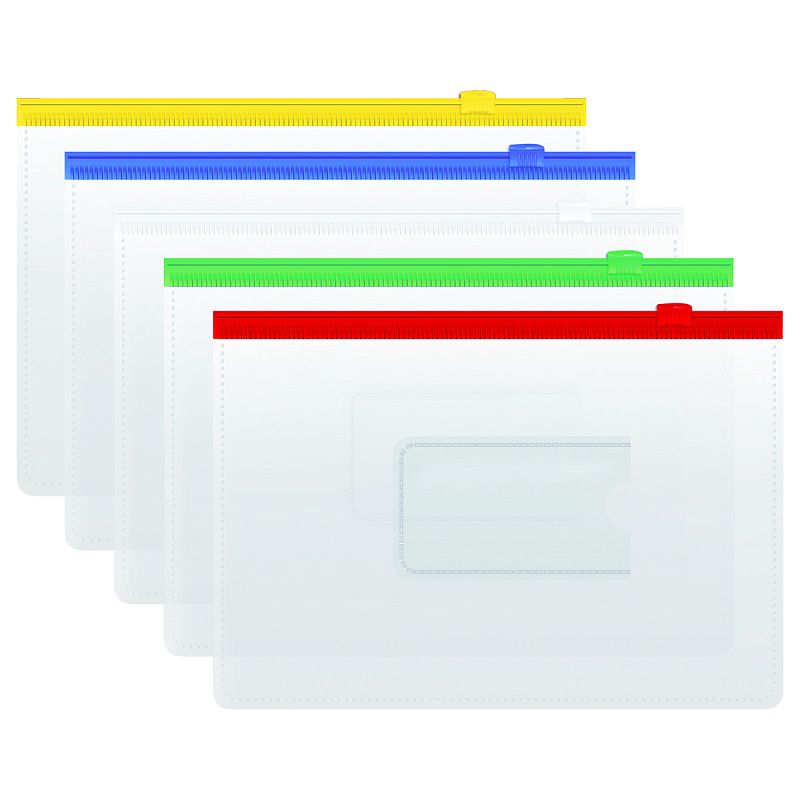 Папка-конверт на zip-молнии СТАММ А5, ПВХ, 120мкм, прозрачная, цветная молния, карман, ассорти