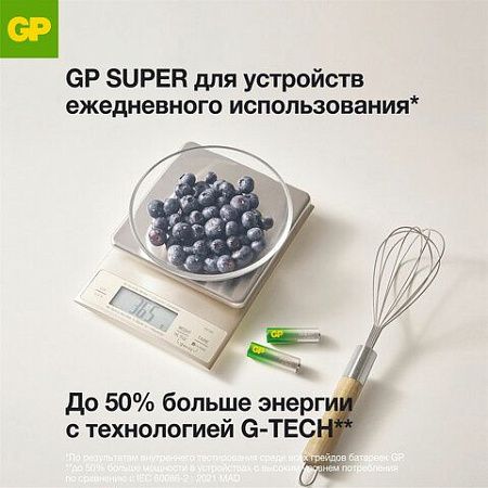 Батарейки КОМПЛЕКТ 4 шт., GP Super, AA (LR06, 15А), алкалиновые, пальчиковые, в пленке, 15ARS-2SB4