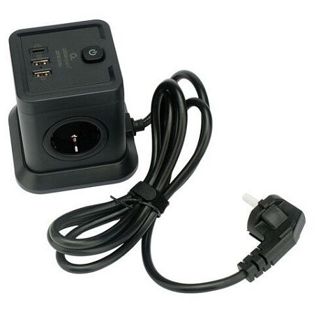 Сетевой фильтр CABLEXPERT Tower, 4 розетки, 10А, 1xType-C PD, 20Вт, 2хUSB, 2м, черный, TWR-4-CU2-B-2