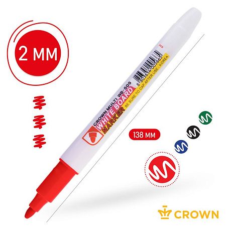 Маркер для белых досок Crown "Multi Board Slim" красный, пулевидный, 2мм 