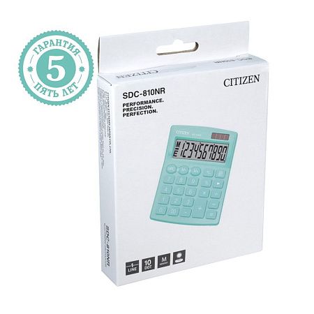 Калькулятор настольный Citizen SDC-810NR-GN, 10 разрядов, двойное питание, 102*124*25мм, бирюзовый