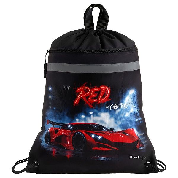 Мешок для обуви 1 отделение Berlingo "Red Monster", 360*460мм, вентиляционная сеточка , светоотражающая лента, карман на молнии