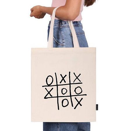 Сумка-шоппер BRAUBERG PREMIUM, канвас, 40х35 см, на кнопке, карман, бежевый, "Tic-tac-toe", 271902 