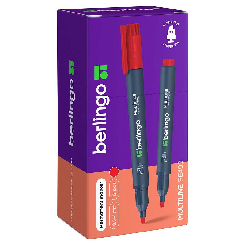 Маркер перманентный Berlingo "Multiline PE400" красный, скошенный, 0,5-4мм 
