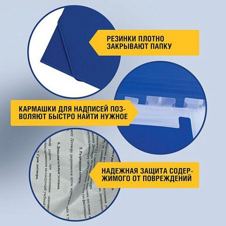 Папка на резинках BRAUBERG "Business", А4, 13 отделений, пластиковый индекс, синяя, 0,5 мм, 224146 