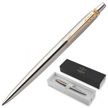Ручка шариковая PARKER "Jotter Core Stainless Steel GT", корпус серебро, позолота, синяя, 1953182 
