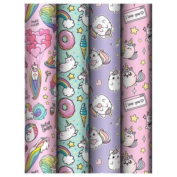 Упаковочная бумага глянц. 70*100см, MESHU "Unicorn", 80 г/м2, ассорти, 4 дизайна