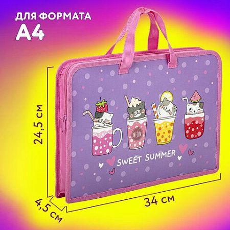 Папка на молнии с ручками ЮНЛАНДИЯ А4, 1 отделение, пластик, ширина 45 мм, "Sweet", 270947 