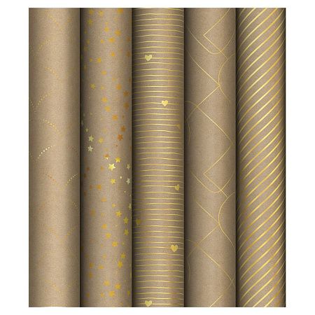 Упаковочная бумага крафт 70*100см, MESHU "Golden Pattern", 80г/м2, отд. фольгой, ассорти 5 дизайнов