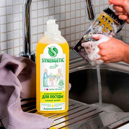 Гель для мытья посуды антибактериальный 1 л, SYNERGETIC "Лимон", дозатор, 103101 
