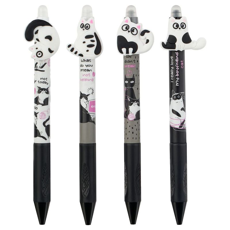Ручка гелевая стираемая автоматическая MESHU "Funny cats" синяя, 0,5мм, корпус ассорти, с топпером 