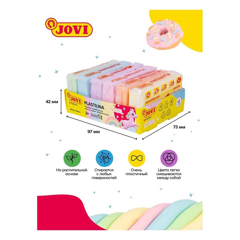 Пластилин JOVI, 6 пастельных цветов, 300г, растительный, картон
