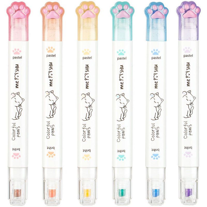 Набор текстовыделителей двусторонних MESHU "White kittens", 12цв., пастельные цвета, 1-4мм, ПВХ бокс с европодвесом 