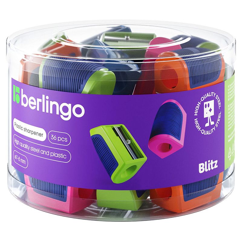 Точилка пластиковая Berlingo "Blitz" 1 отверстие, ассорти, дисплей 