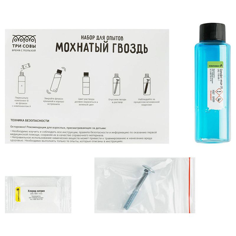 Набор для проведения опытов ТРИ СОВЫ "Мохнатый гвоздь", картонная коробка, европодвес