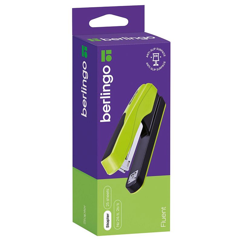 Степлер №24/6, 26/6 Berlingo "Fluent", до 25л., пластиковый корпус, зеленый