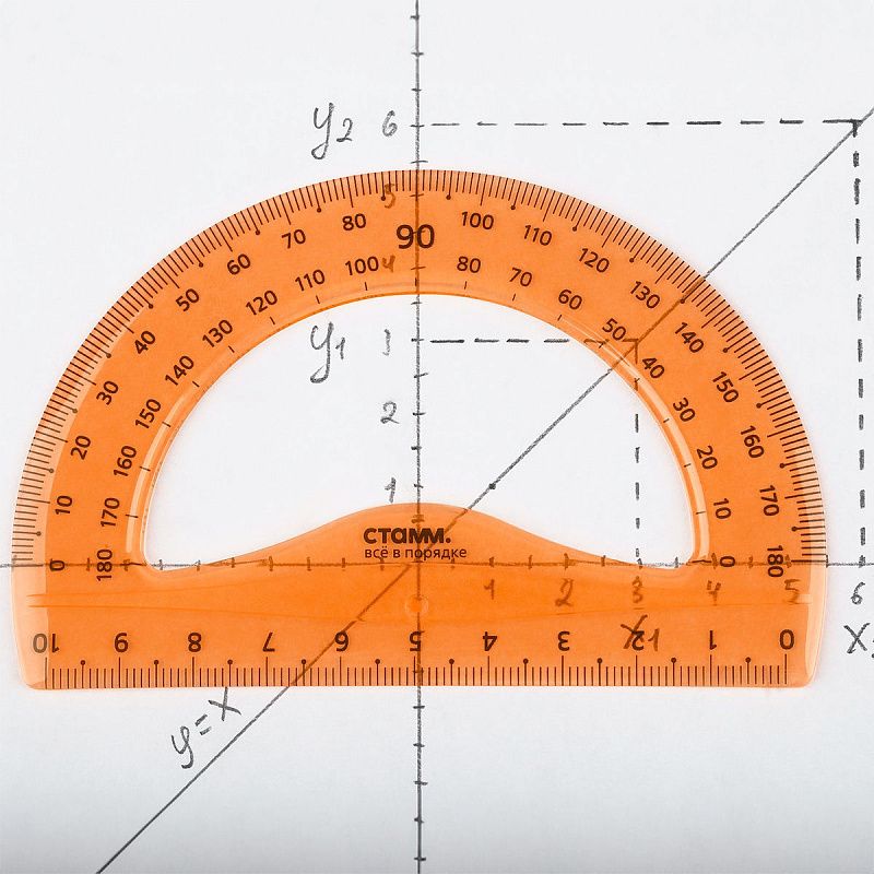 Транспортир 10см, 180° СТАММ, пластиковый, гибкий, прозрачный, оранжевый, европодвес 