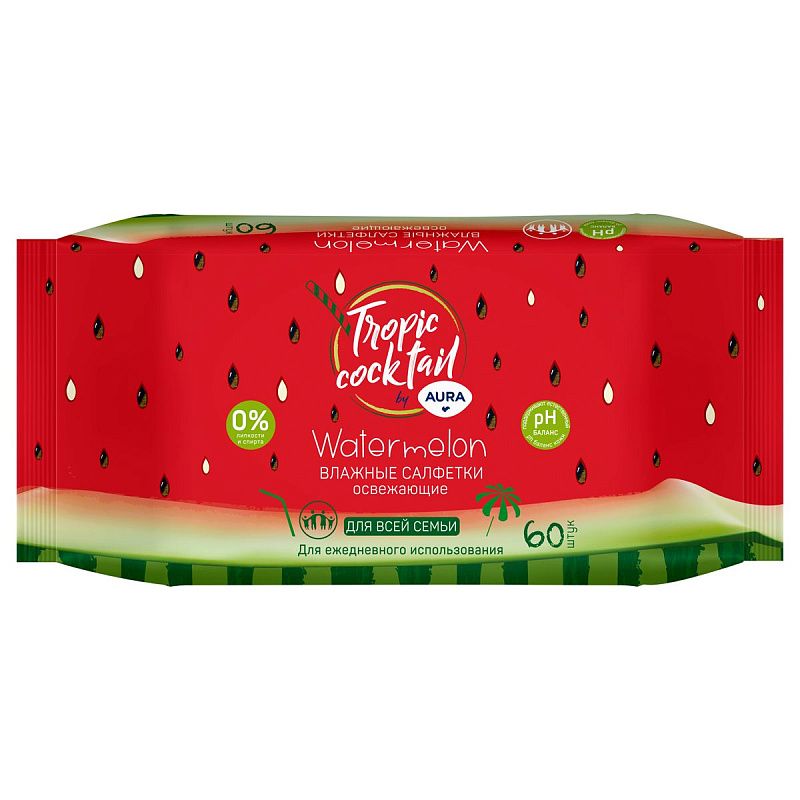Салфетки влажные Aura "Tropic coctail", 60шт., освежающие 