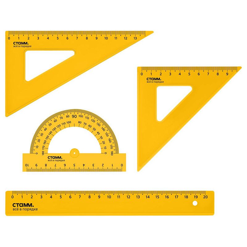 Набор чертежный СТАММ, размер M (линейка 20см, 2 треугольника, транспортир), прозрачный, неоновые цвета, ассорти, европодвес 