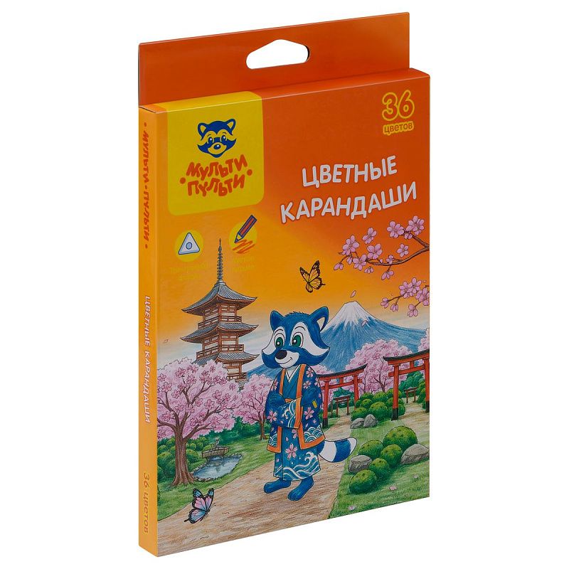 Карандаши цветные Мульти-Пульти "Енот в Японии", 36 цв., трехгран., заточен., картон, европодвес, термоусадка