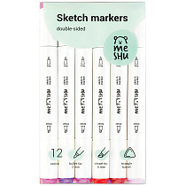Набор двусторонних маркеров для скетчинга MESHU 12цв., ягодные цвета, корпус трехгранный, пулевид./клиновид.наконечники, ПВХ-бокс