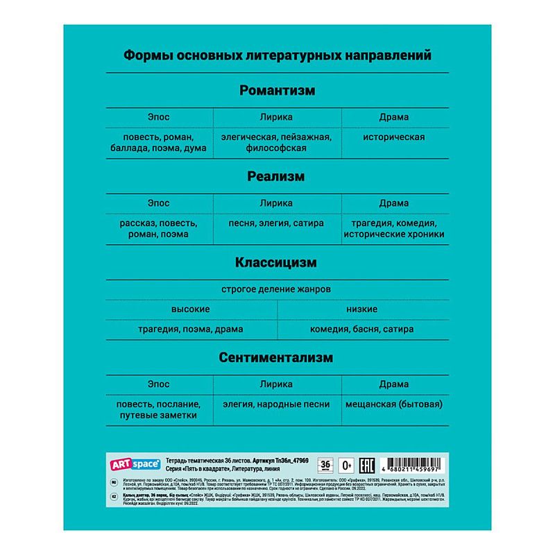 Тетрадь предметная 36л. ArtSpace "Пять в квадрате" - Литература, эконом