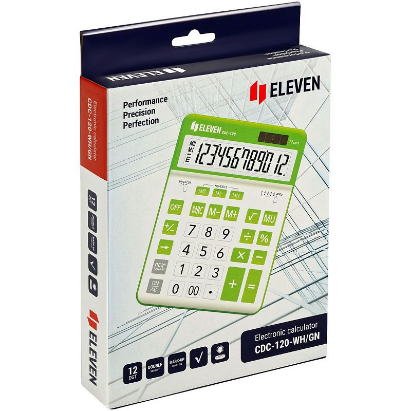 Калькулятор настольный Eleven CDC-120-WH/GN, 12 разрядов, двойное питание, 155*206*38мм, белый/салатовый
