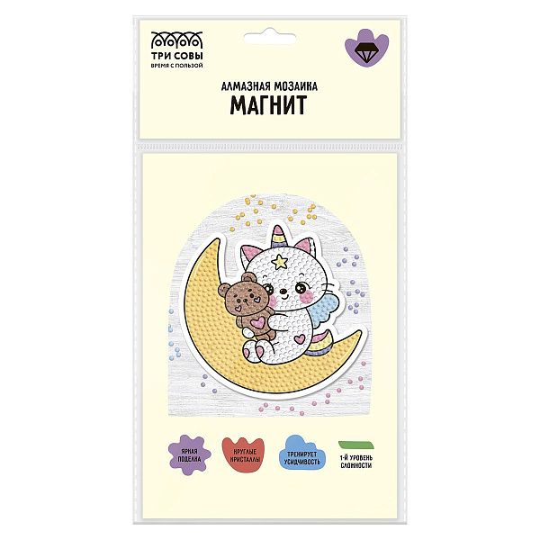 Алмазная мозаика, магнит ТРИ СОВЫ "Котофея", пакет с европодвесом