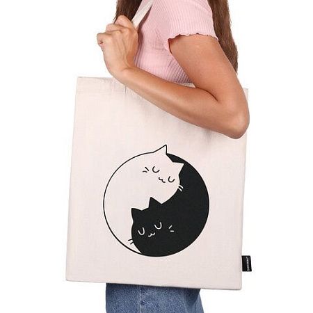 Сумка-шоппер BRAUBERG PREMIUM, канвас, 40х35 см, на кнопке, карман, бежевый, "Yin-yang", 271901 