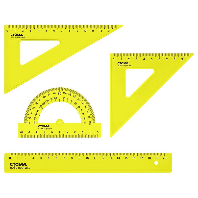 Набор чертежный СТАММ, размер M (линейка 20см, 2 треугольника, транспортир), прозрачный, неоновые цвета, ассорти, европодвес 